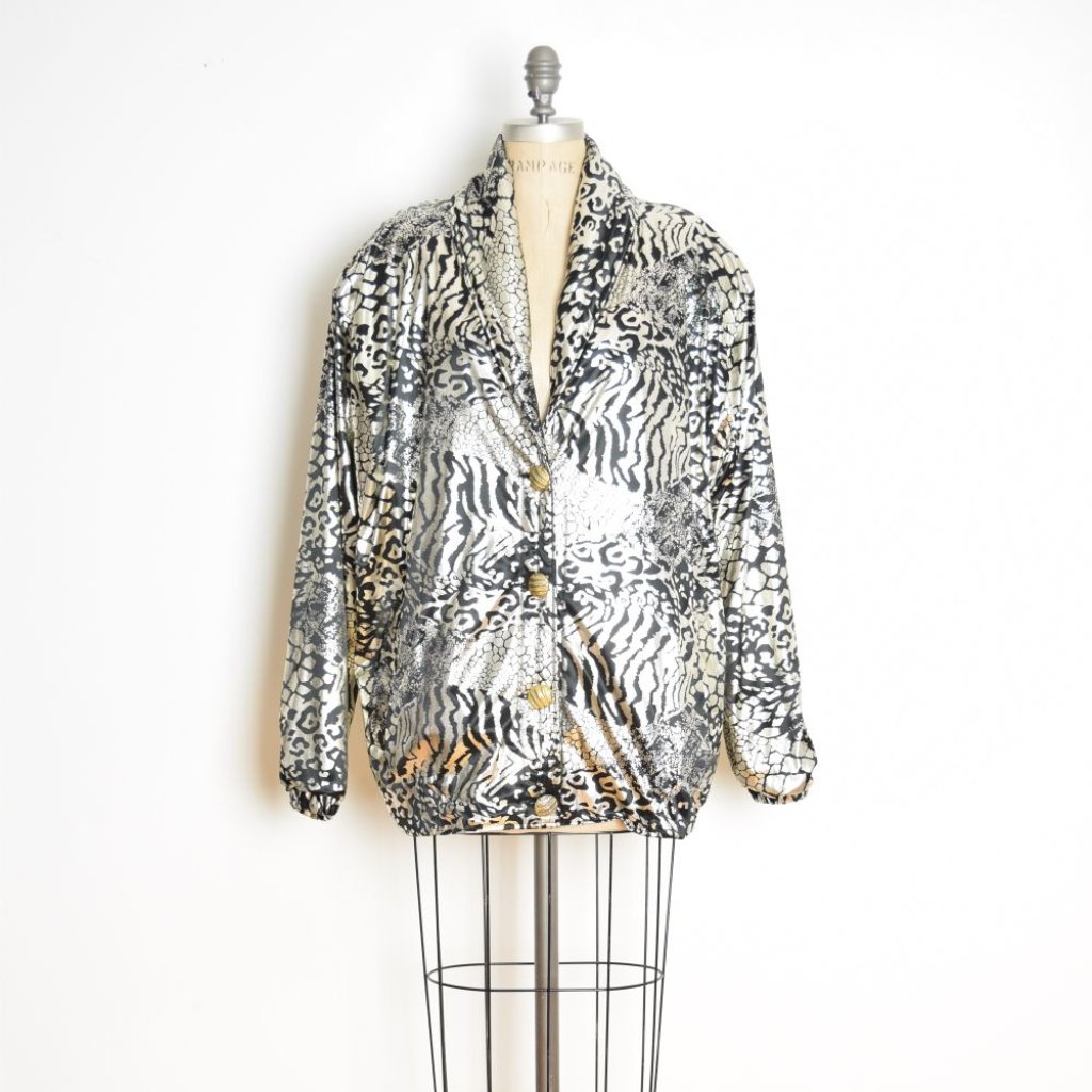 Vintage 80s Jacket Metallic Silver Black Animal Print Puffy Bomber Coat Xl Xxl